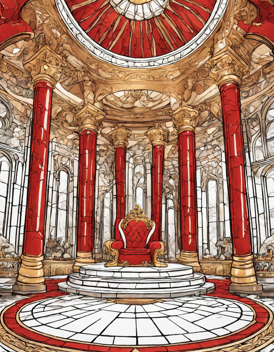 coloring page of a majestic throne room in a castle with detailed pillars, tapestries, and armor in color
