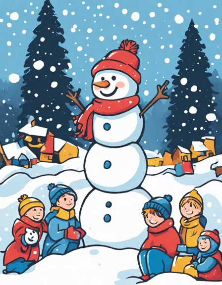 Coloring book image of jolly snowman in winter wonderland with children building snowmen, surrounded by snow-covered trees in color
