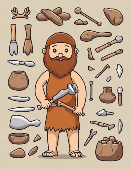 Coloring book image of prehistoric cavemen crafting essential tools from stone, bone, and antler in color