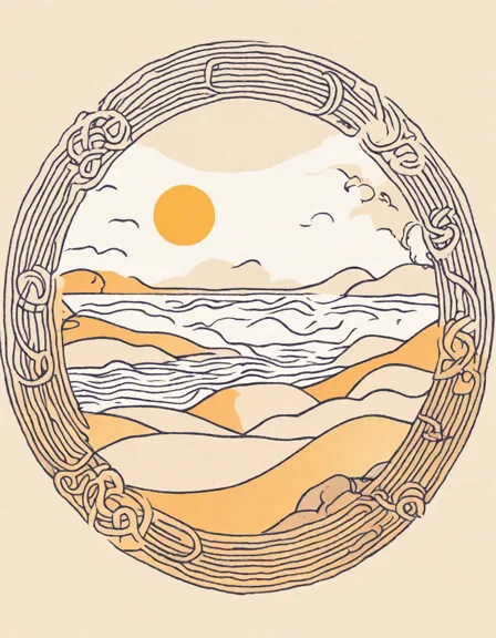 Coloring book image of zen circle pattern on a serene beach at dawn, inviting meditation and mindfulness through intricate design and soothing colors in color