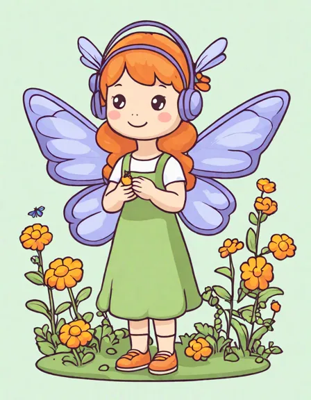 Coloring book image of fairy tending her colorful garden in the enchanted forest, with vibrant flowers and sparkling dewdrops in color