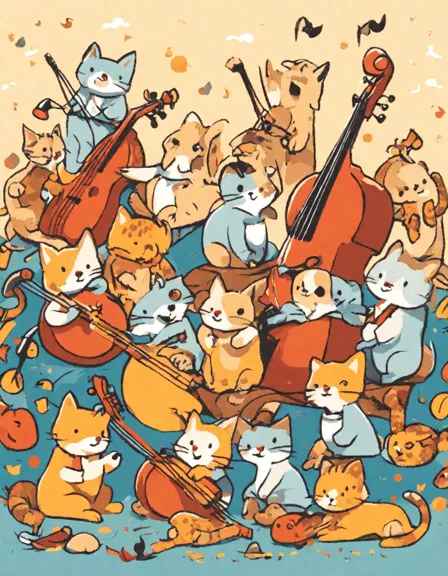 mesmerizing coloring page showcasing a symphony of animals playing enchanting instruments, featuring a lively tiger on the trumpet and a graceful giraffe on the violin in color