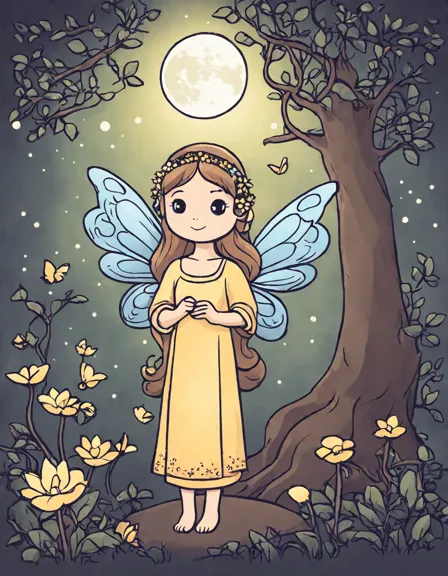 coloring page of enchanted blossoms under the stars with fairies, magical flowers, and the moon in color