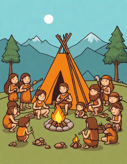 Coloring book image of prehistoric tribe around campfire, hunting, gathering, crafting, and socializing in color