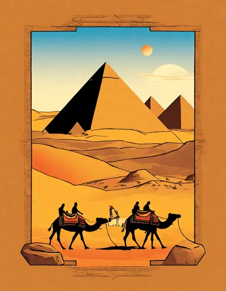 intricate coloring page of the ancient pyramids of giza at sunset, camels and guides in the desert. perfect for history and travel enthusiasts in color