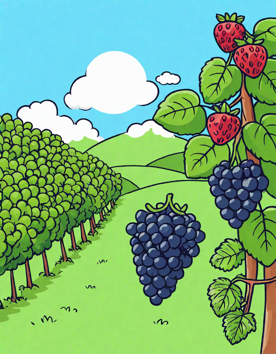coloring page featuring a mix of colorful berries in a vineyard under a summer sky in color