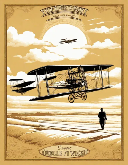 Coloring book image of wright brothers' first flight with orville piloting and wilbur running at kitty hawk in color