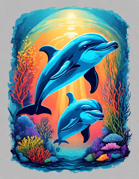 coloring book page: dolphins swimming gracefully in the ocean at sundown, surrounded by coral reefs and other sea creatures in color