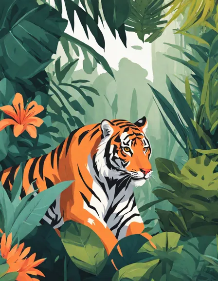 coloring book page featuring tigers in a jungle-themed zoo setting, designed for children's creativity in color