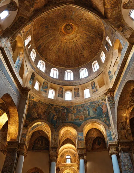 byzantine basilicas coloring page with grand domes, mosaics, and arches for historical and artistic enthusiasts in color