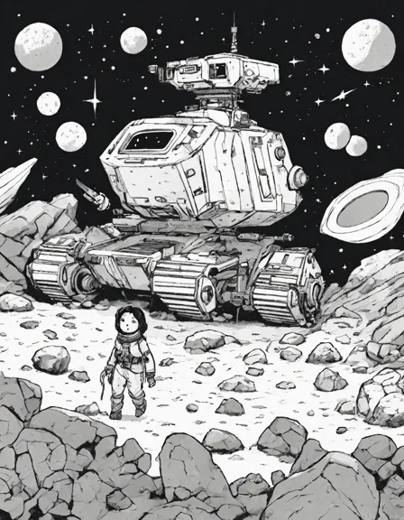 space explorers navigate asteroid belt in detailed coloring book scene in color