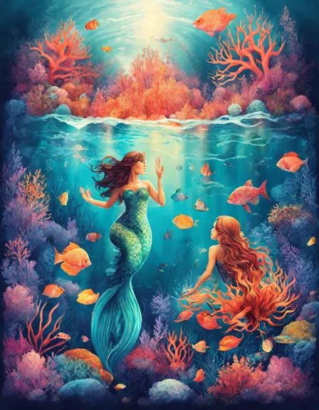 enchanted kingdom of mermaids coloring page with vibrant coral gardens and graceful sea creatures in color