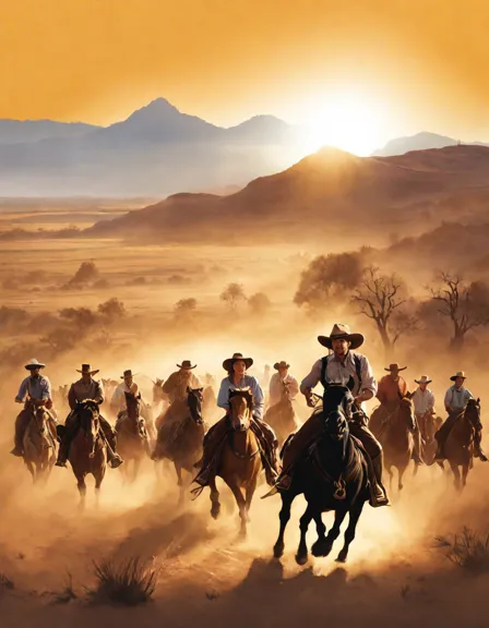 coloring book image of cowboys and cowgirls on a cattle drive in the wild west at sunset in color