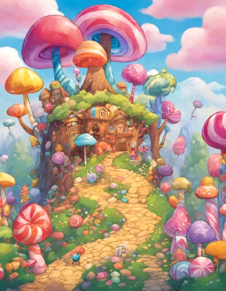coloring page of lollipop forest in candy land with colorful trees and playful candy creatures in color