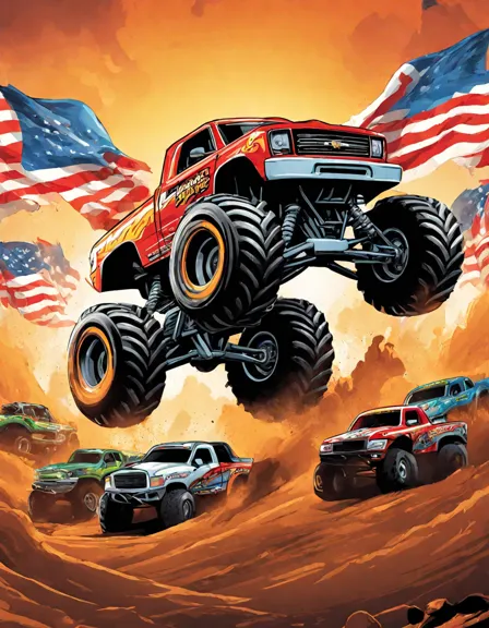 Coloring book image of colorful monster trucks gearing up for a showdown in front of an excited crowd at a rally in color