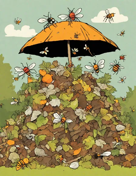 coloring page of flies around a compost heap in a garden with flowers and plants in color