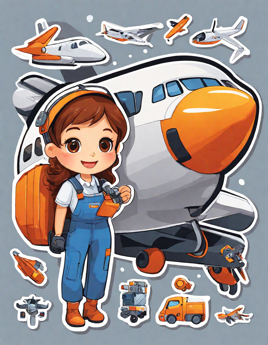 coloring page of an airplane maintenance workshop with engineers and technicians in color
