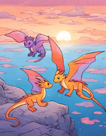 Coloring book image of three coastal dragons flying over the ocean at sunset with colorful sky and islands in color
