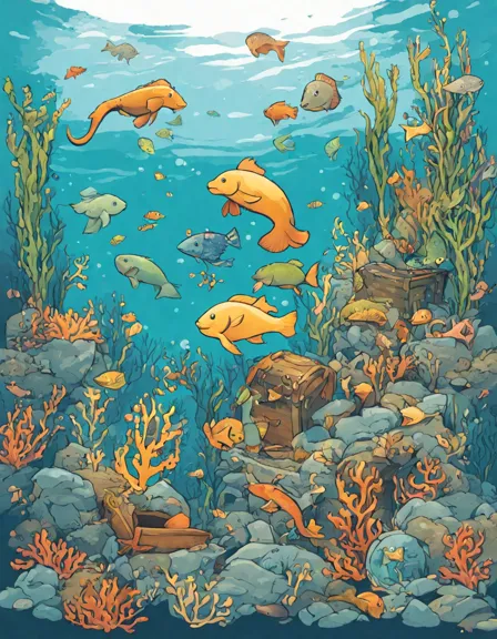 coloring image of a kelp forest with ocean life, seahorses, otters, fish, and a hidden treasure chest in color