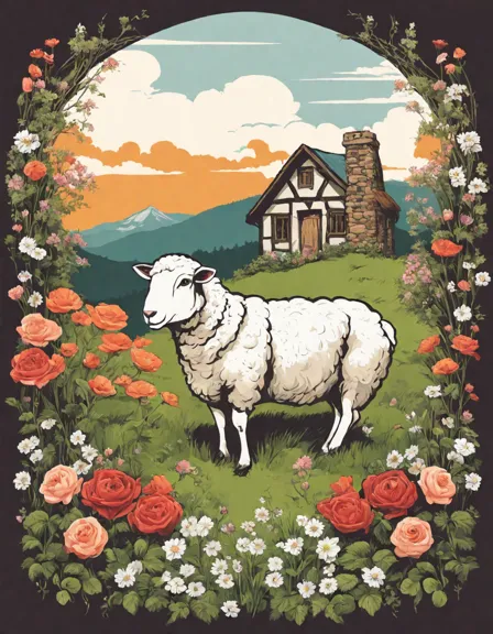 detailed coloring page of a charming cottage amidst a meadow with wildflowers and grazing sheep in color