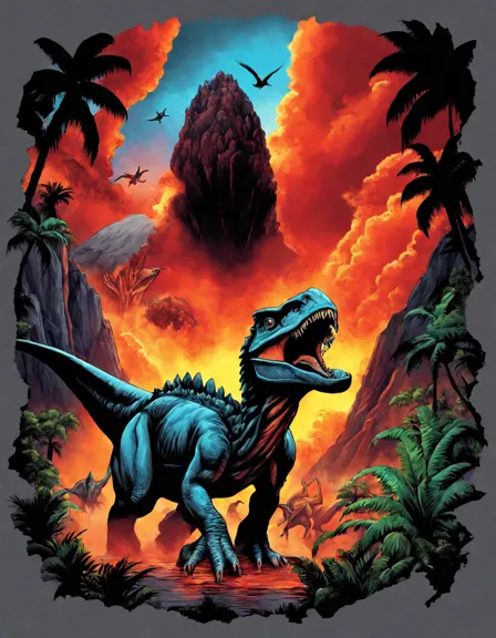 dinosaurs fleeing a volcanic eruption in a detailed coloring scene for kids in color