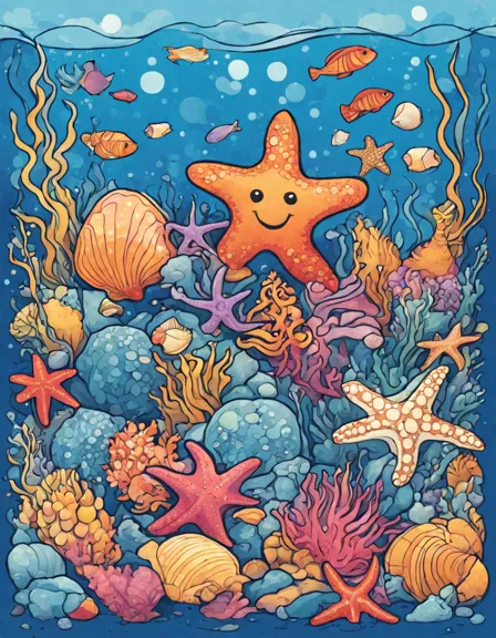 coloring book image of an underwater scene with starfish and seashells in vivid details in color
