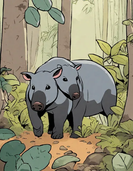 coloring book illustration of a tapir family in the rainforest, highlighting their role in the ecosystem in color