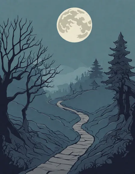 enchanted forest coloring page with fog, full moon, and ghostly shadows in color