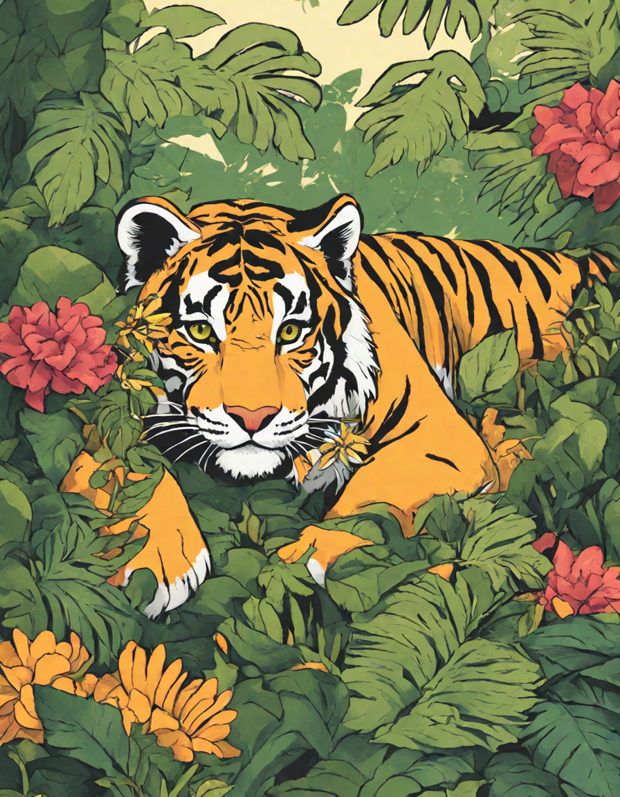 coloring book page featuring detailed tigers in a lush jungle, inviting a close interaction with nature in color