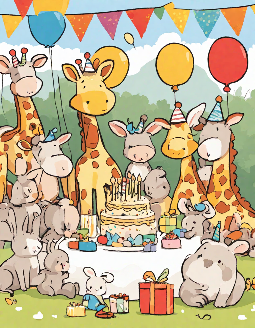 Coloring book image of animal friends celebrate around a birthday cake with balloons and happy birthday banners in color