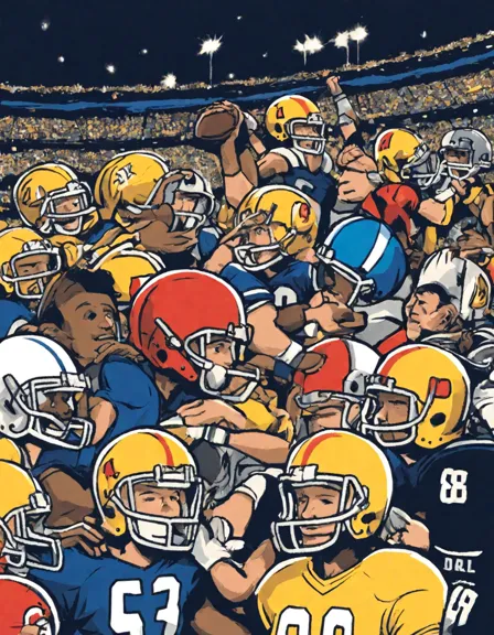 coloring book page of football stars in a night game with detailed stadium and fans background in color