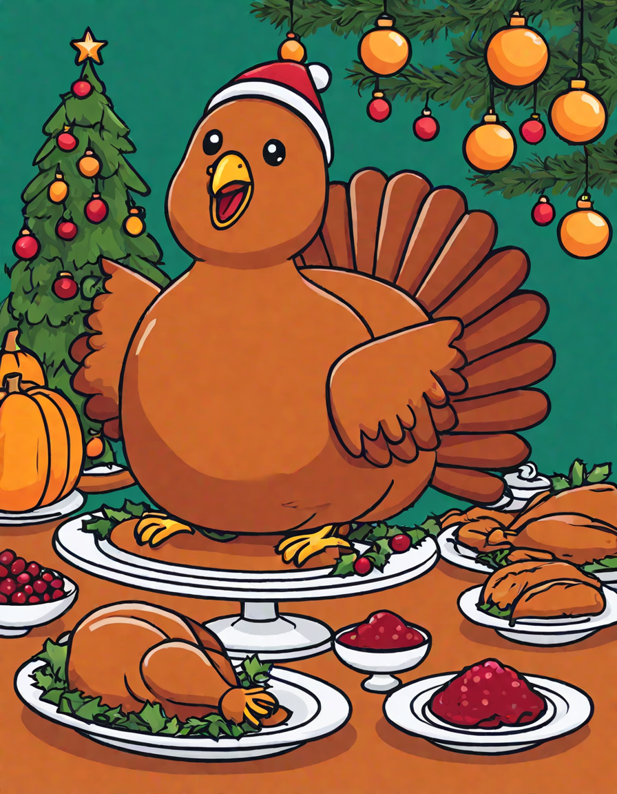 coloring page of a holiday feast scene with turkey, side dishes, and decorations in color