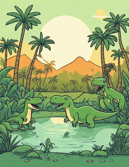 Coloring book image of dinosaurs gather at a waterhole surrounded by lush vegetation in a prehistoric scene in color