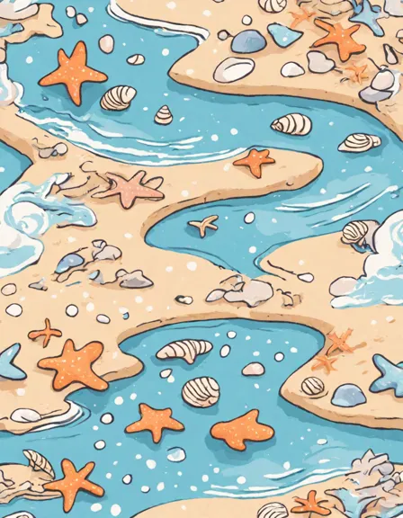 coloring book image of starfish and seashells on a sandy beach with gentle waves in color