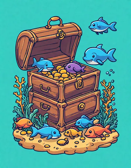 coloring page featuring a sunken treasure chest, vibrant coral reef, and marine life on ocean floor in color