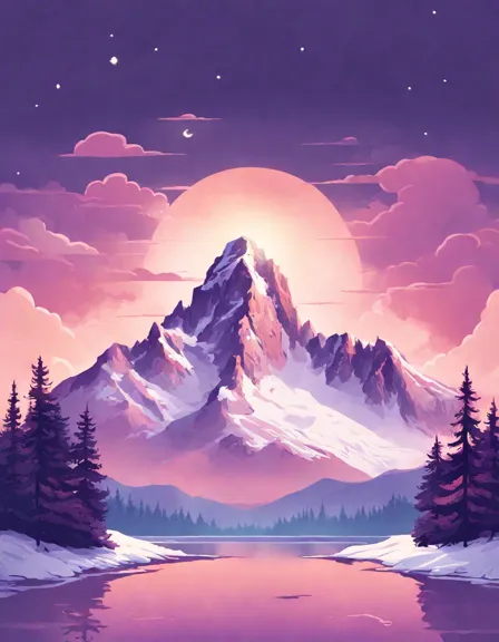 Coloring book image of snow-covered mountains at twilight with pastel sky reflections and serene landscape in color