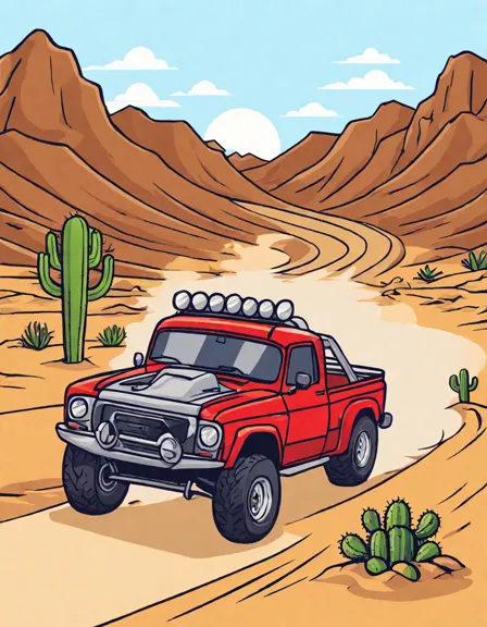 Coloring book image of two race trucks duel in the desert, kicking up sand, framed by cacti and desert flora in color