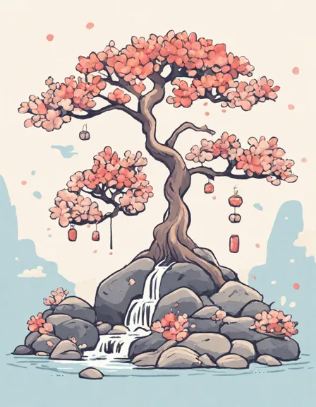 coloring page of a majestic bonsai tree with blooming flowers beside a flowing waterfall - perfect for a soothing and meditative experience in color