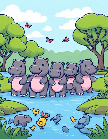 coloring page of a hippo family enjoying a day in a river, surrounded by flora and fauna in color