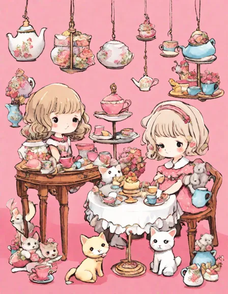Coloring book image of victorian-style toy tea party with dolls and miniature food set surrounded by colorful flowers in color