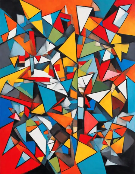 cubist coloring page with fragmented forms, overlapping planes, and vibrant shapes in color