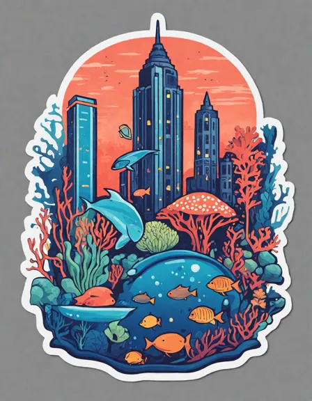 underwater cityscape coloring page featuring vibrant coral formations, marine life, and underwater architecture in color