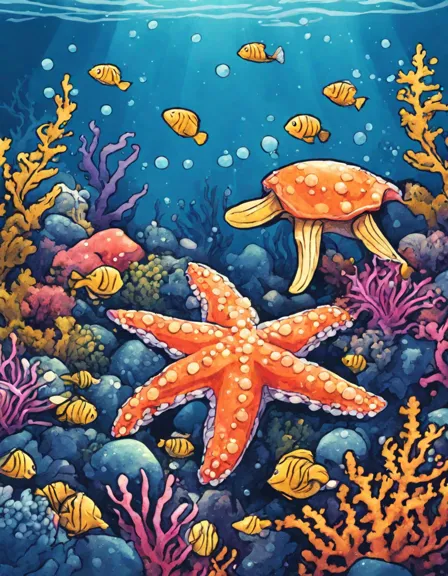 coloring page featuring various starfish species surrounded by coral reefs and sea grasses in an underwater setting in color
