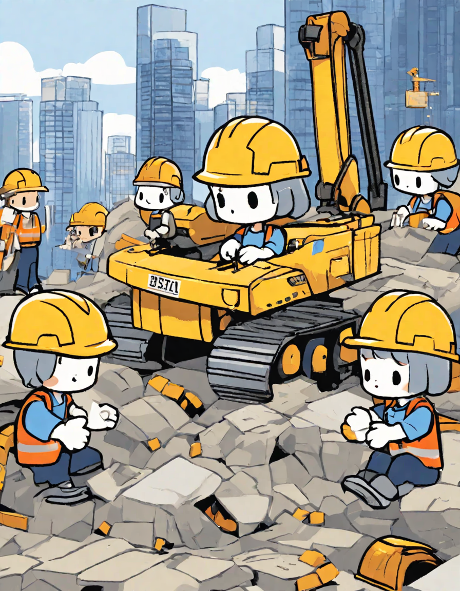 coloring book page featuring a crane lifting a beam in a city construction scene with workers in color