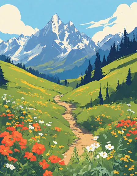 Coloring book image of serene mountain meadow with wildflowers blooming amidst towering peaks, inviting exploration through a meandering path in color