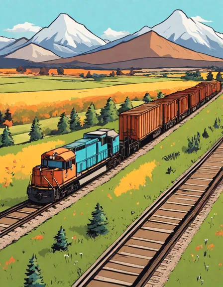 Coloring book image of colorful freight trains crossing open plains under blue sky, inviting children to color in color