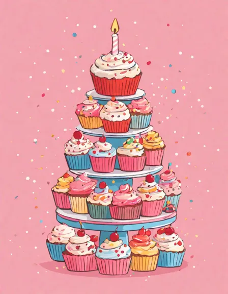 coloring book page featuring a decorated cupcake tower with a lit candle at a birthday party in color