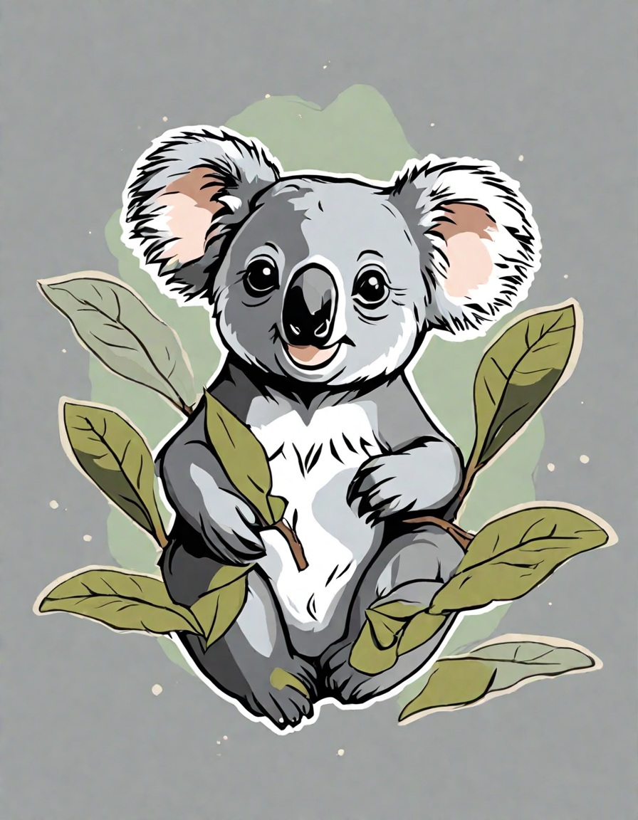 Coloring book image of koalas munching on eucalyptus leaves in their natural australian habitat in color