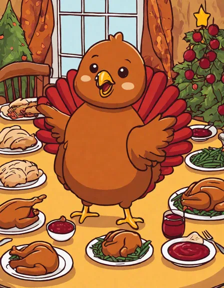 Coloring book image of family sharing a thanksgiving meal with turkey and sides, expressing gratitude around a festive table in color