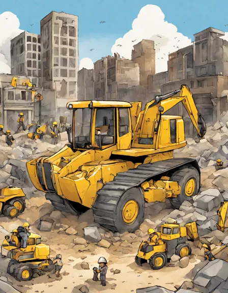 Coloring book image of bulldozer and excavators at work on demolition site, clearing old building rubble in color